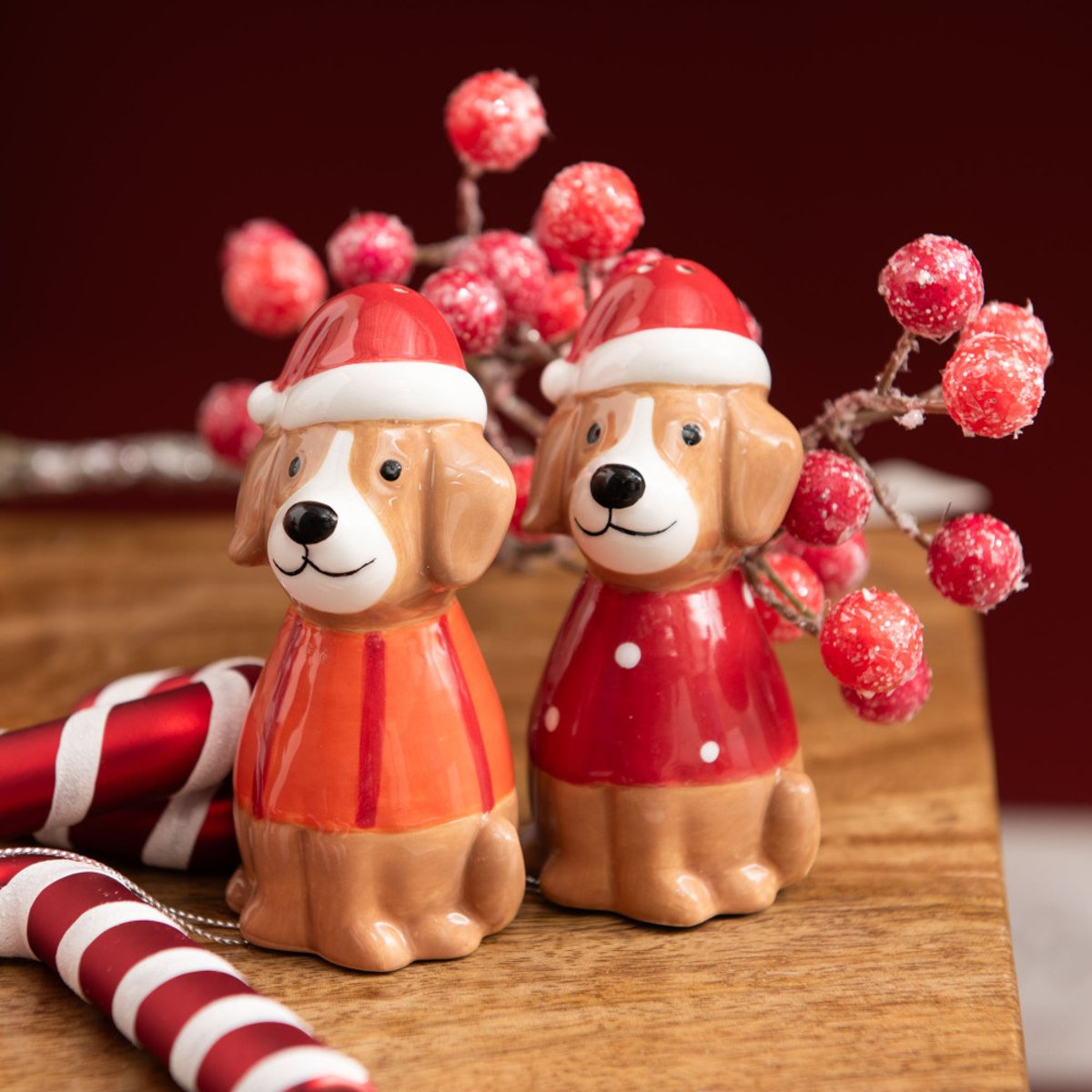 Coffret sel + poivre chien Noël H9 cm en céramique marron, AMADEUS