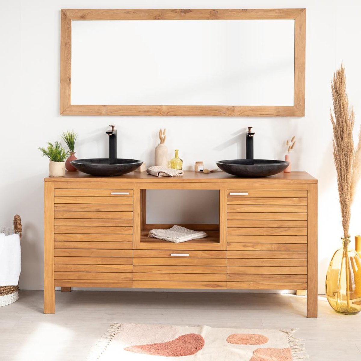 Meuble en teck rectangle sous vasque 160 COURCHEVEL naturel, WANDA COLLECTION
