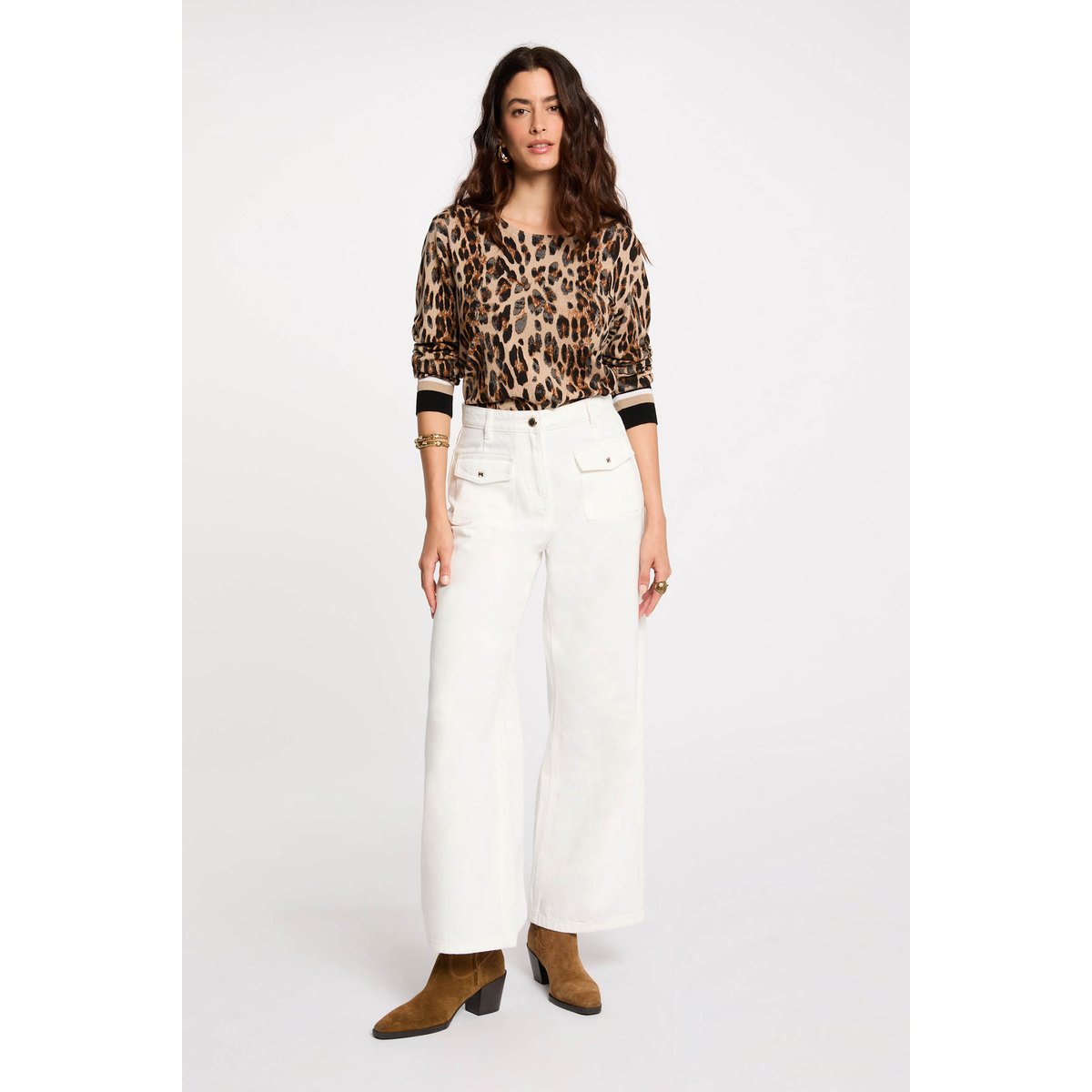 Pull col rond imprimé léopard multicolore, MORGAN