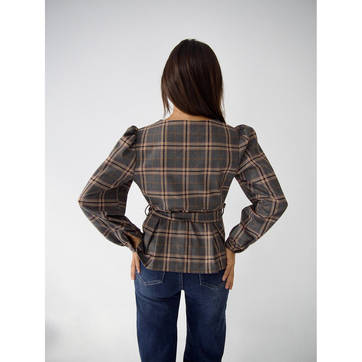 Blouse carreaux col carré BETH gris / bordeaux, MINDTRAVELER