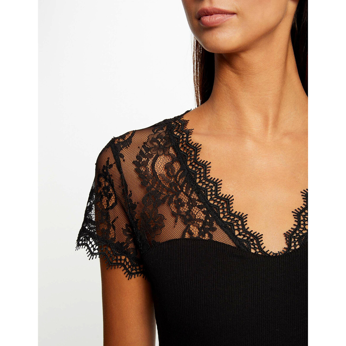 T-shirt a maniche corte con spalle in pizzo nero , MORGAN
