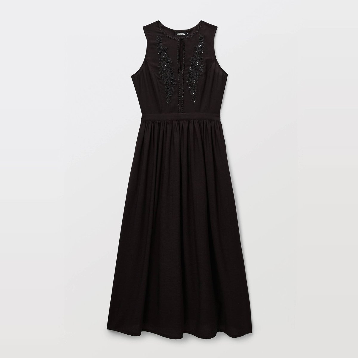Robe longue sans manches cintrée avec détail de broderies et perles noir, MONOPRIX