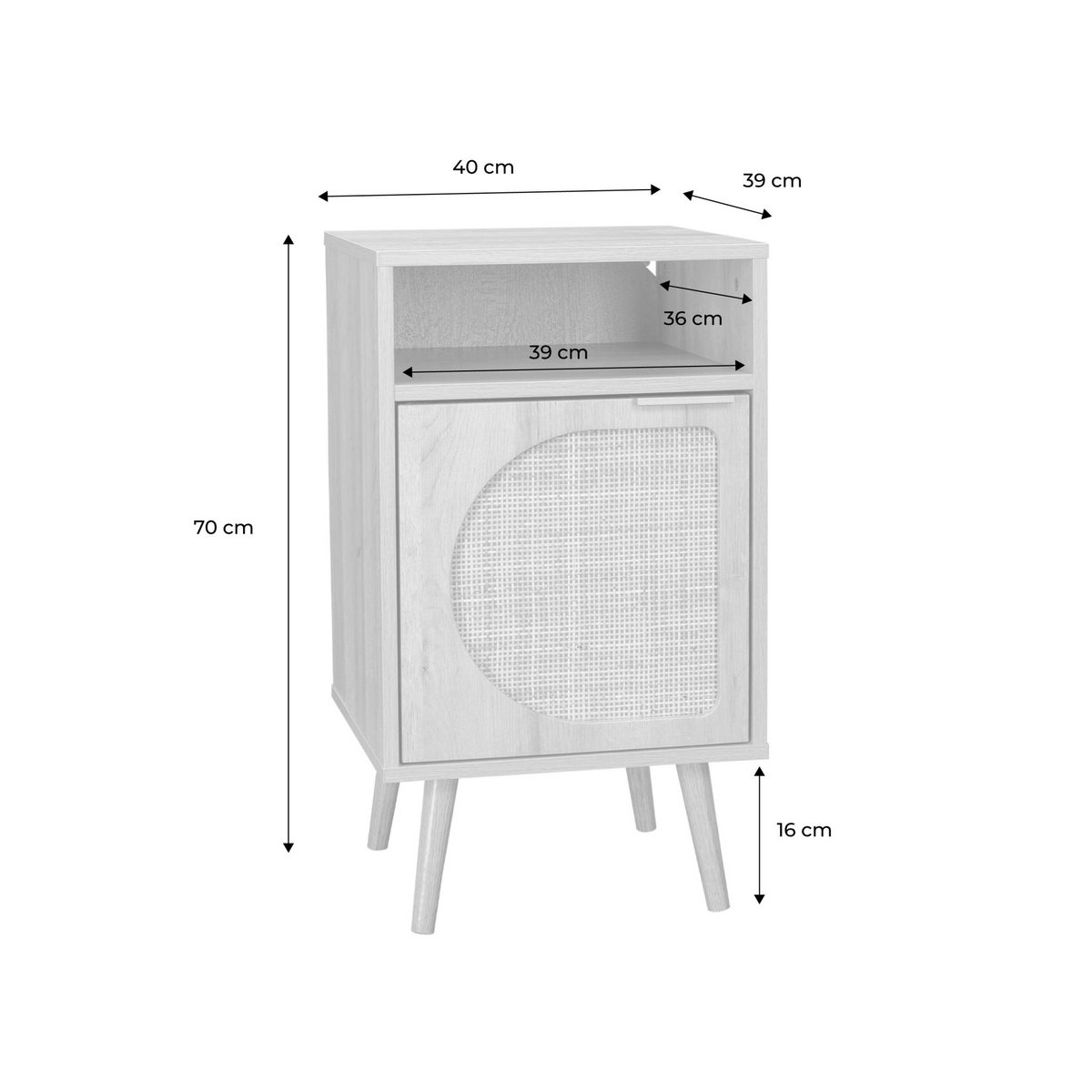 Table de chevet décor bois et cannage arrondi 1 porte (lot de 2) EVA naturel, SWEEEK