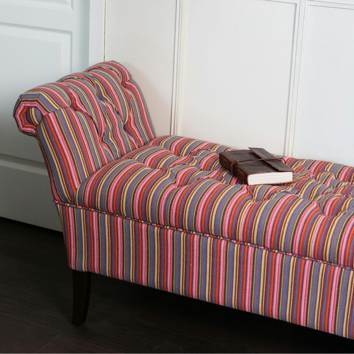 Banc méridienne capitonnée rayures coton BUTTON rose, PIER IMPORT