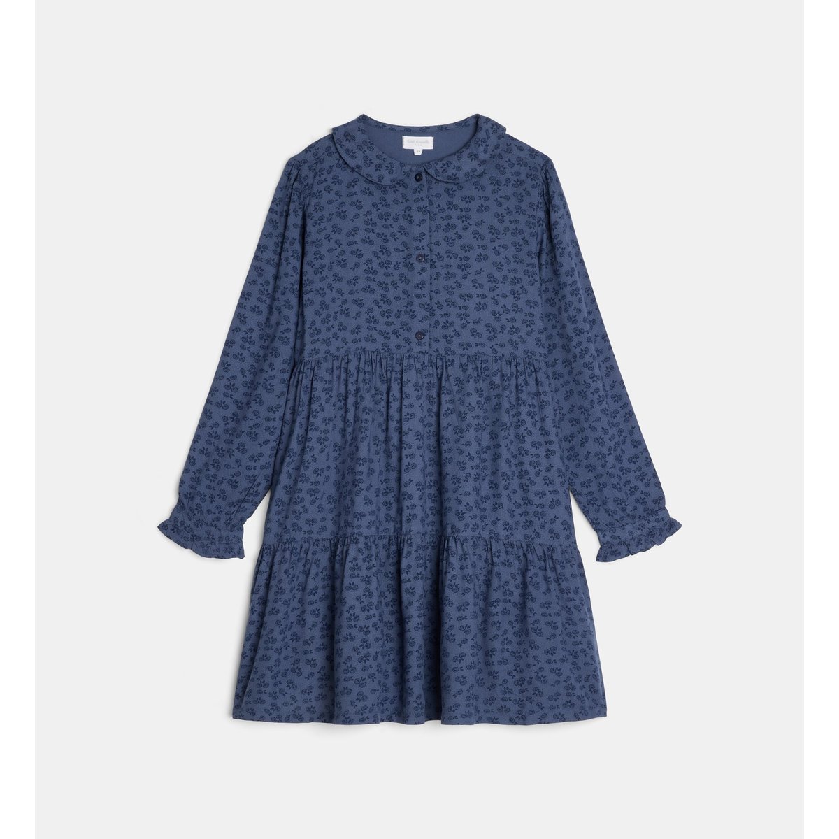 Robe froncée taurelia à motif floral en sergé bleu, CADET ROUSSELLE