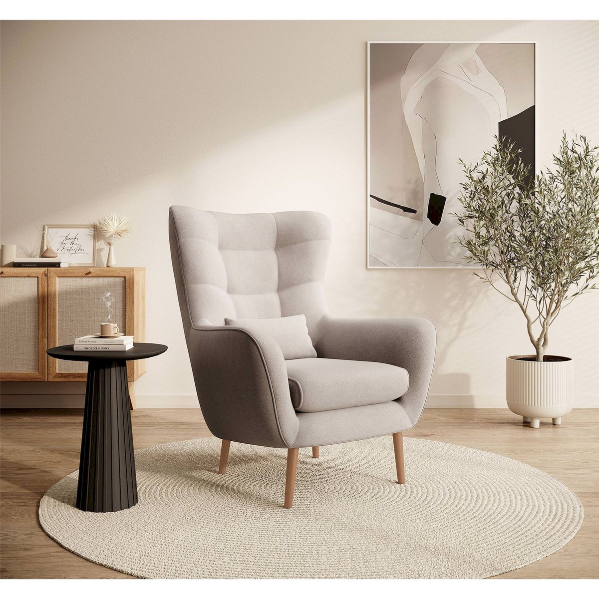 Fauteuil à oreilles capitonné en velours beige chiné, RECOLLECTION