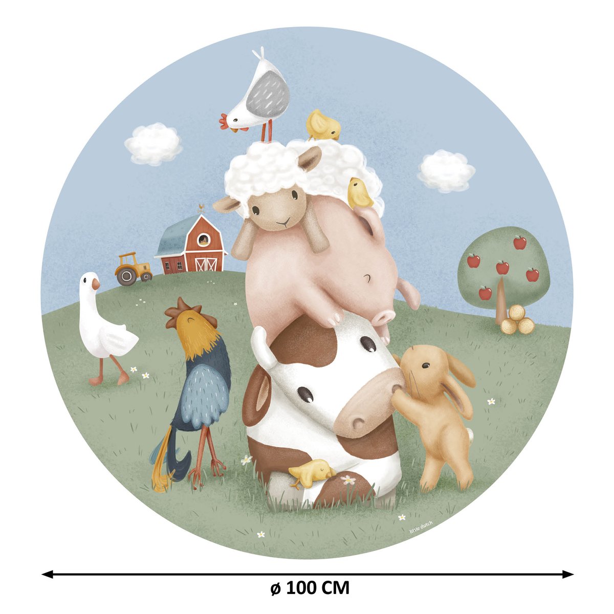 Papier peint rond pour enfant Petits animaux de la ferme vert, bleu, rose, LITTLE DUTCH