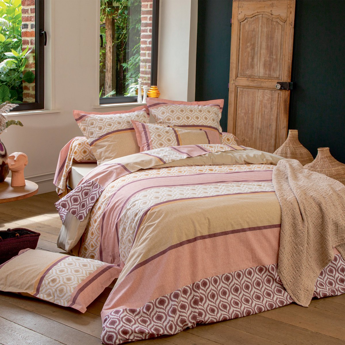 Housse de couette coton ethnique rose, TRADILINGE
