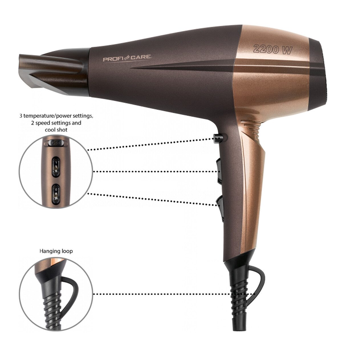 Secador de cabelo profissional 2200 W, preto, da Proficare preto , PROFICARE