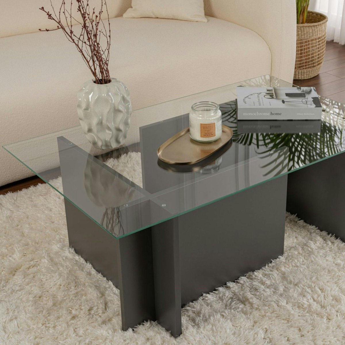 Table basse en verre, pied asymétrique SALTA anthracite, PIER IMPORT