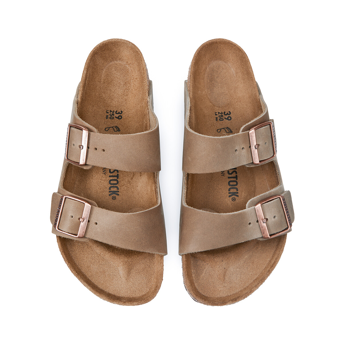 Chinelos de tira dupla em pele oleada Arizona castanho escuro, BIRKENSTOCK