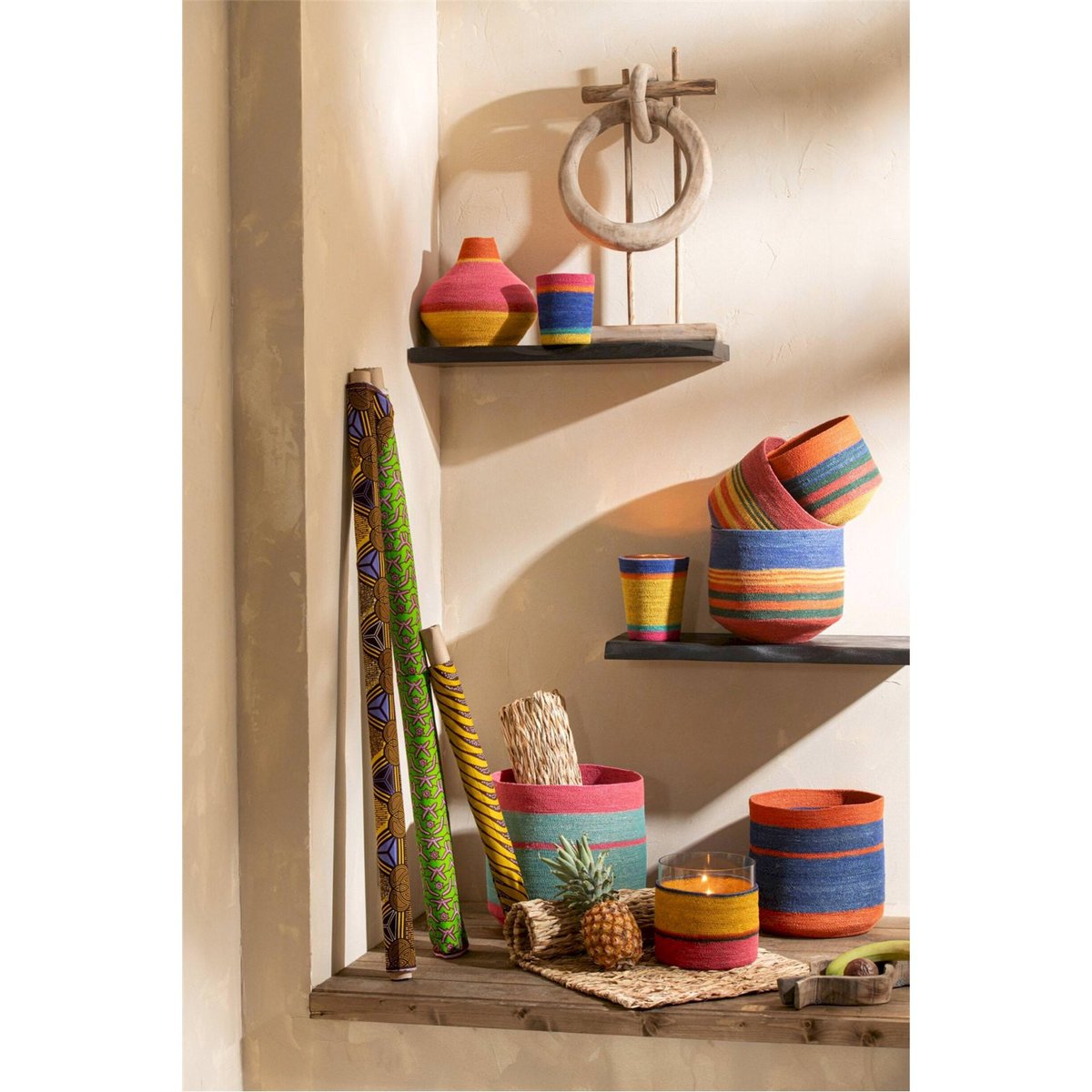 Lot de 3 paniers ronds en jonc de mer multicolore, RECOLLECTION