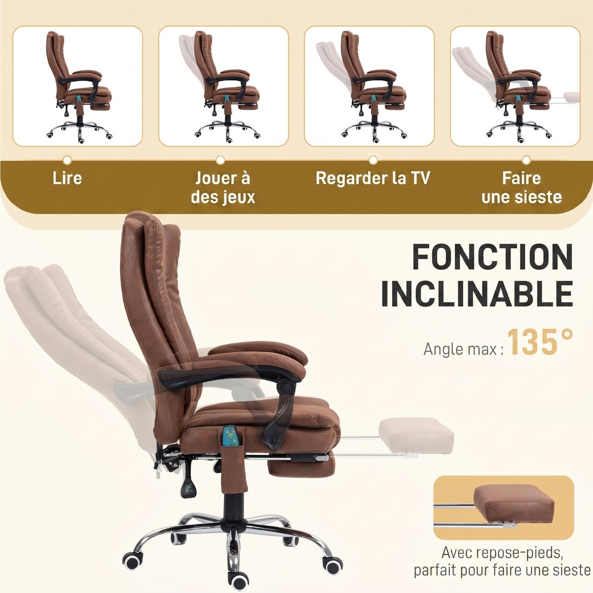 Fauteuil de bureau avec fonction massage marron, HOMCOM