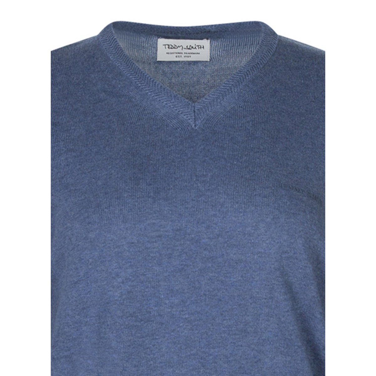 Pull en coton kaki uni à col v avec le nom de la marque en petit bleu, TEDDY SMITH