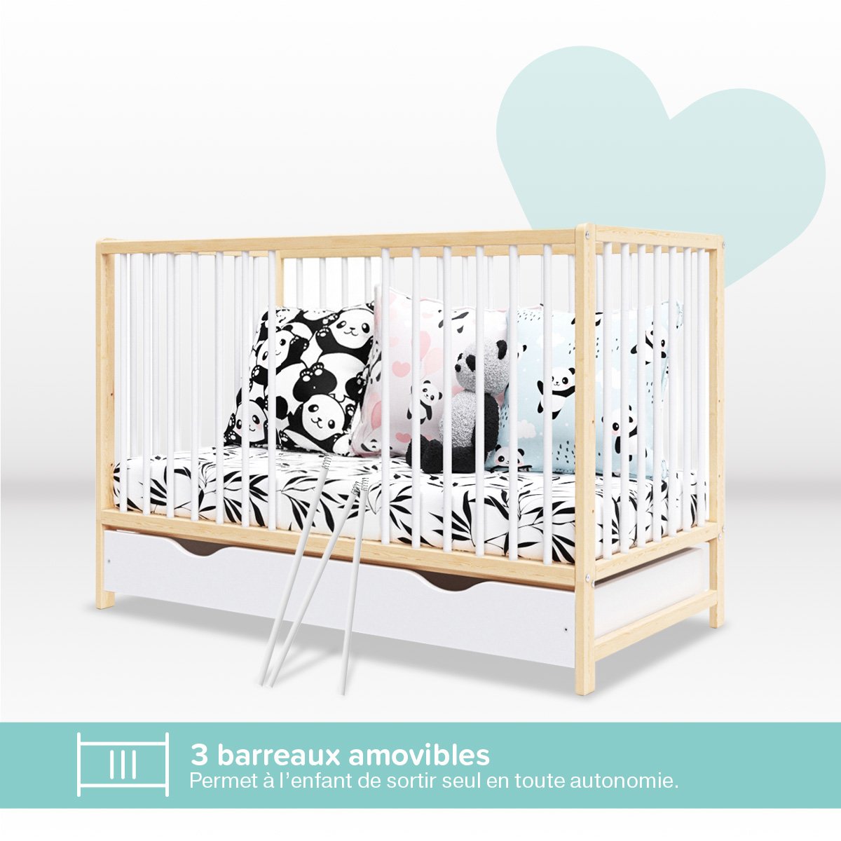 Lit bébé évolutif Mathis - De la naissance à 3 ans blanc et bois, MINEA