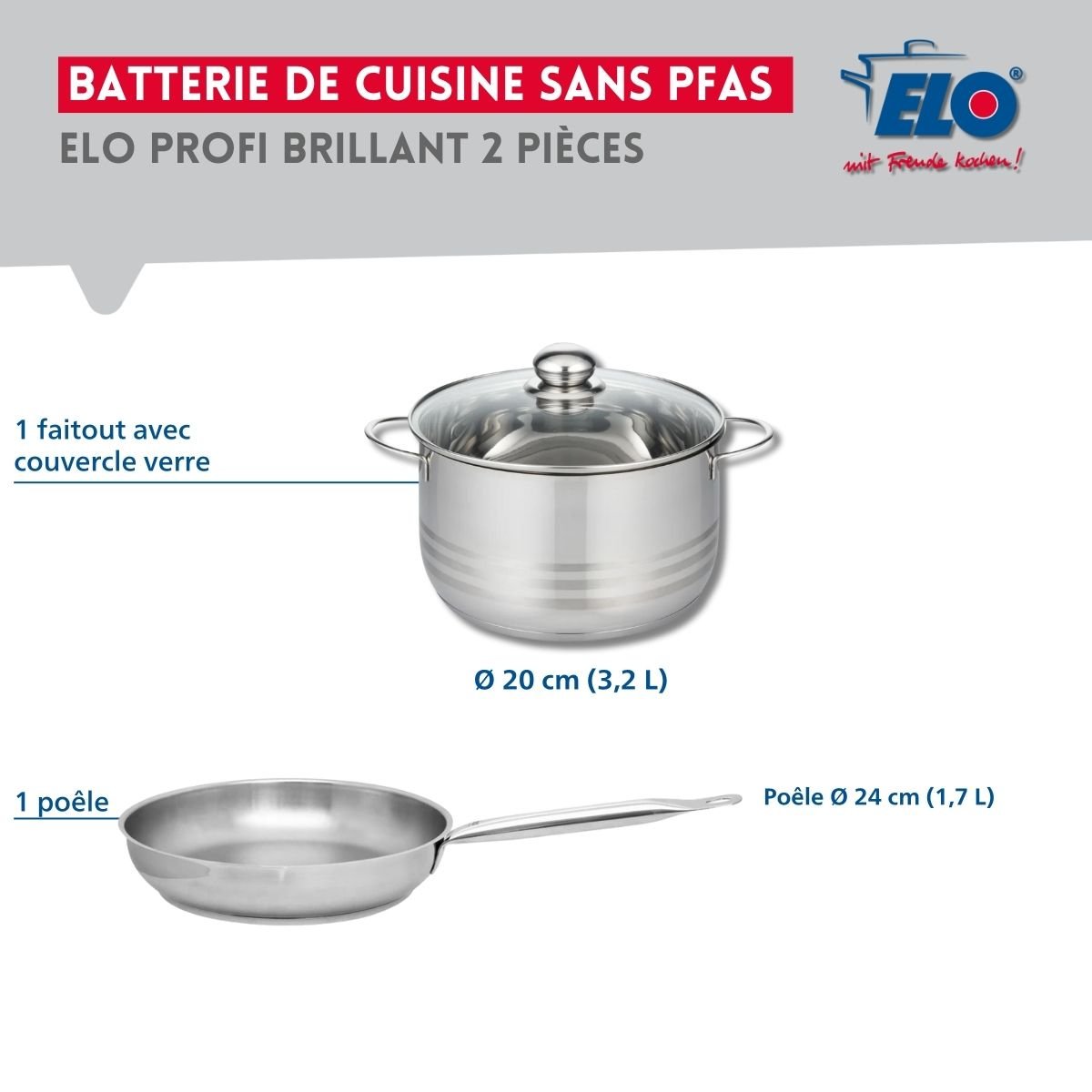 Batterie de cuisine 1 poêle 24cm + 1 faitout 20cm PROFI BRILLANT gris, ELO