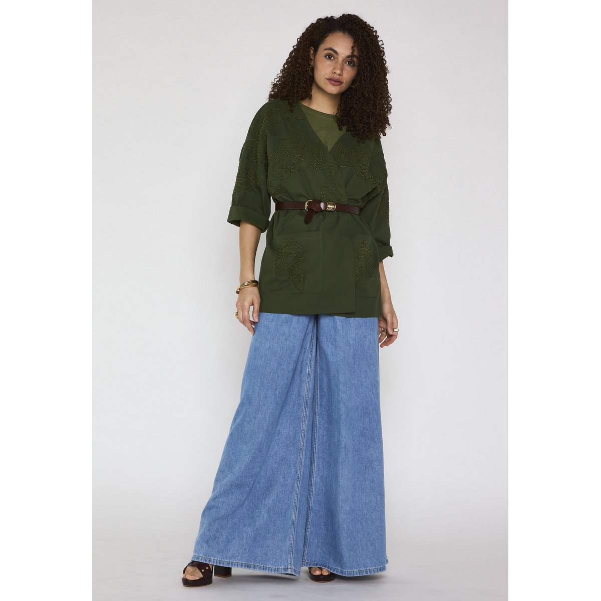 Veste brodée à manches 3/4 en coton VOYAGE kaki, Maison 123