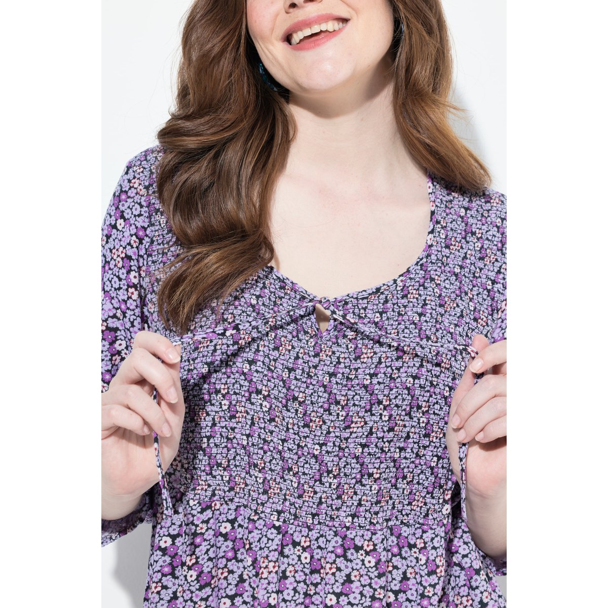 Blouse smockée, motif à fleurs lavande, ULLA POPKEN