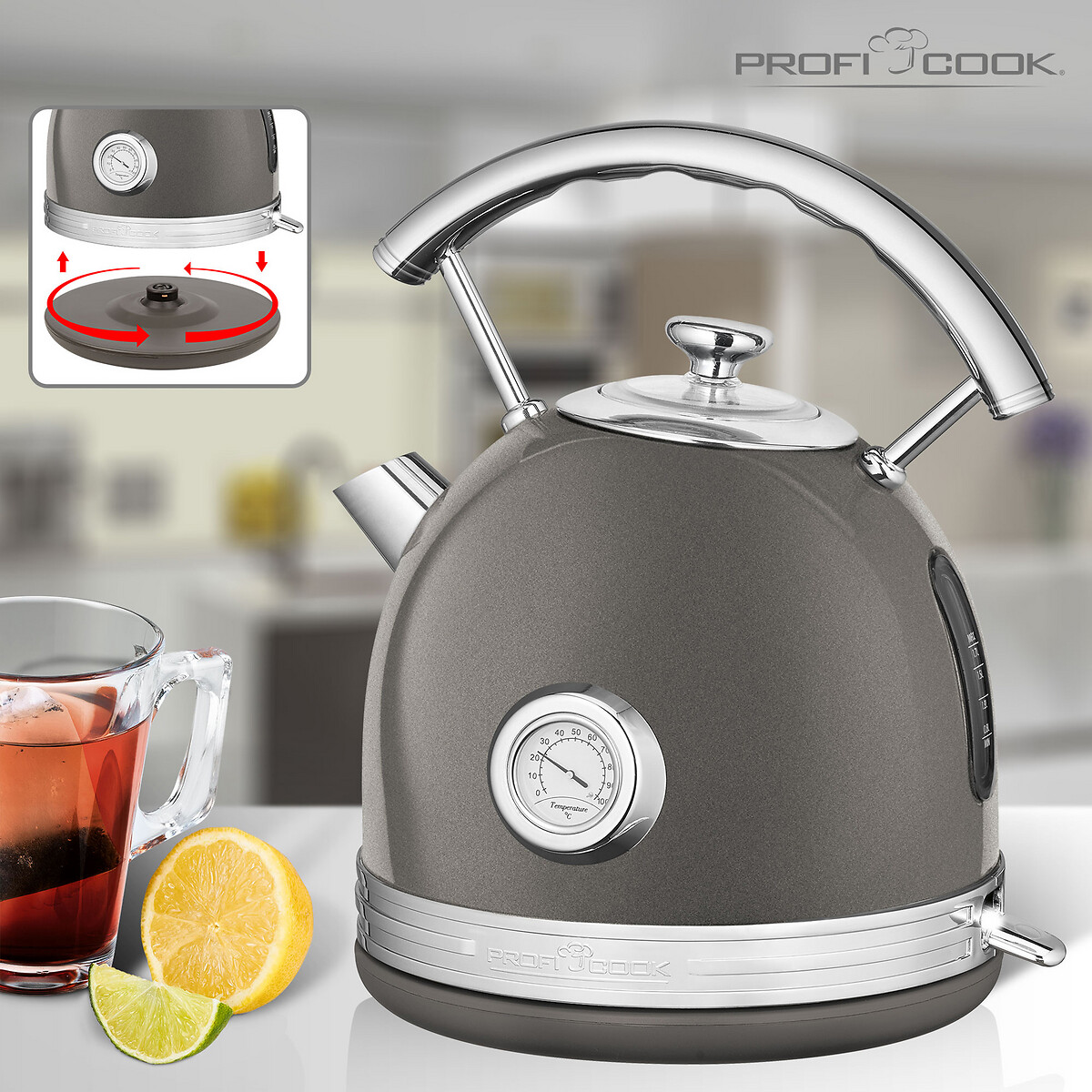 Jarro elétrico cinza vintage, 2200W, da Proficook cinzento, PROFICOOK