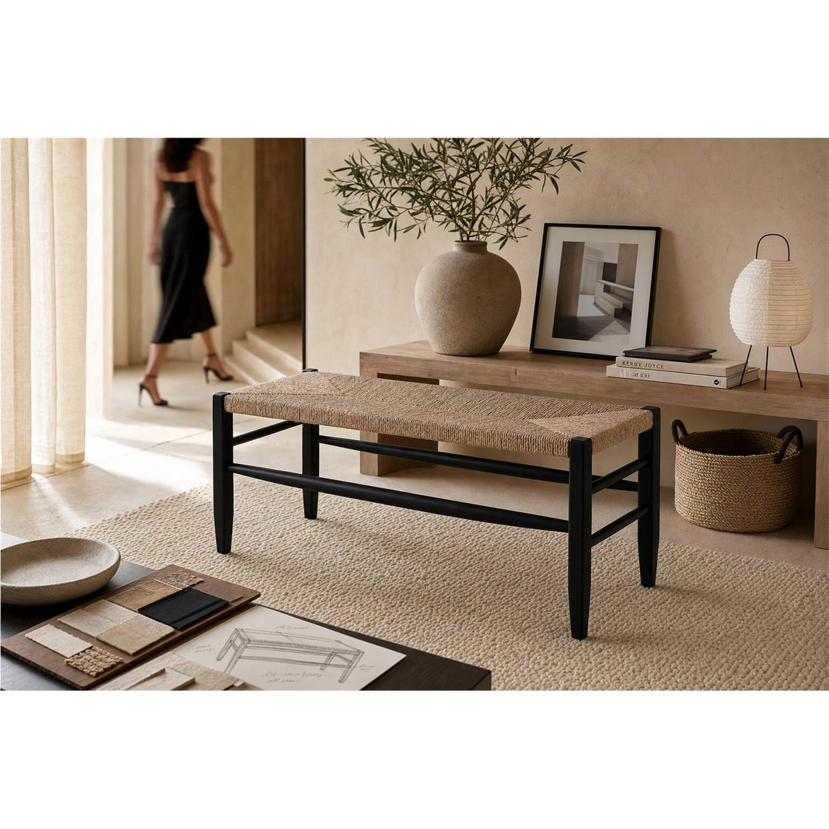 Banc en teck, Assise tressée noir et naturel, RECOLLECTION