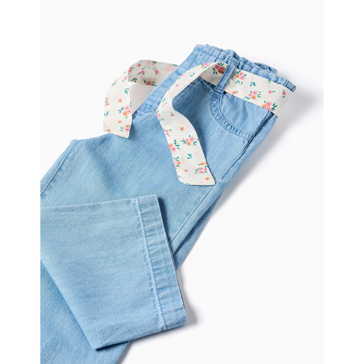 Pantalon en jean à jambe large avec ceinture à motif floral bleu, ZIPPY
