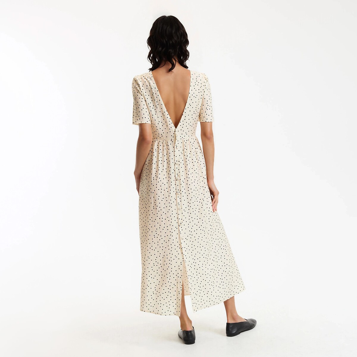 Robe longue col rond manches courtes à pois  imprimé pois fond écru, LA REDOUTE COLLECTIONS