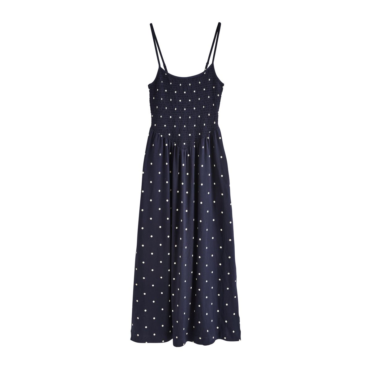Robe longue froncée à bretelles bleu marine à pois, NEXT