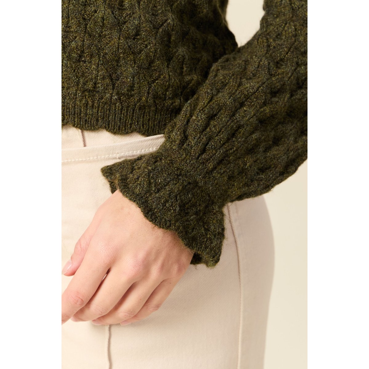 Gilet ajouré droit court col v vert kaki, BONOBO
