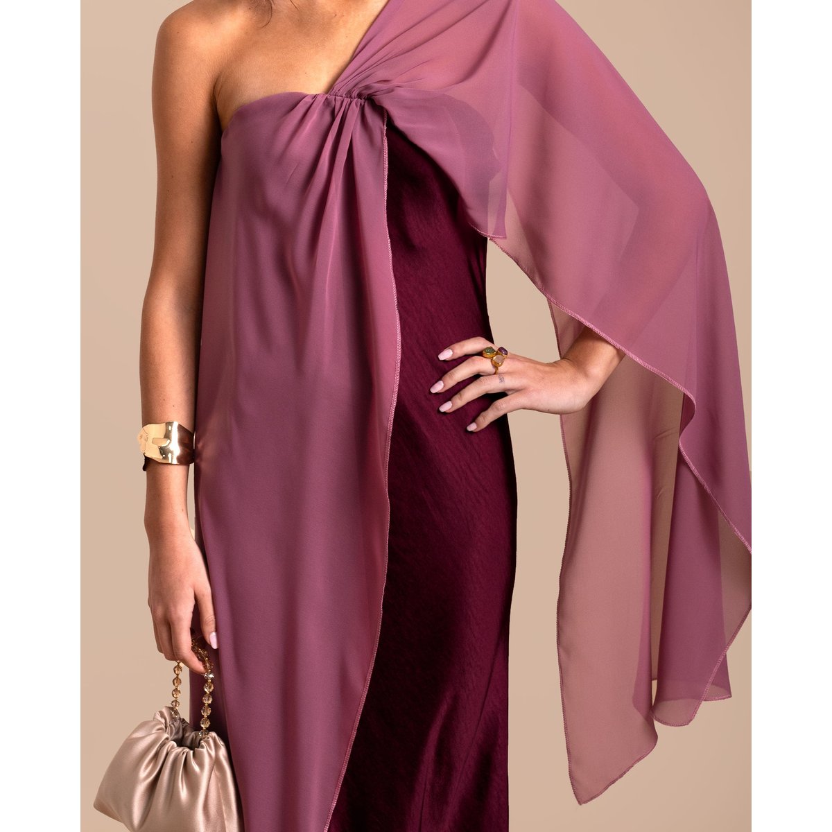 Robe midi avec décolleté bustier et cape rose, THE-ARE
