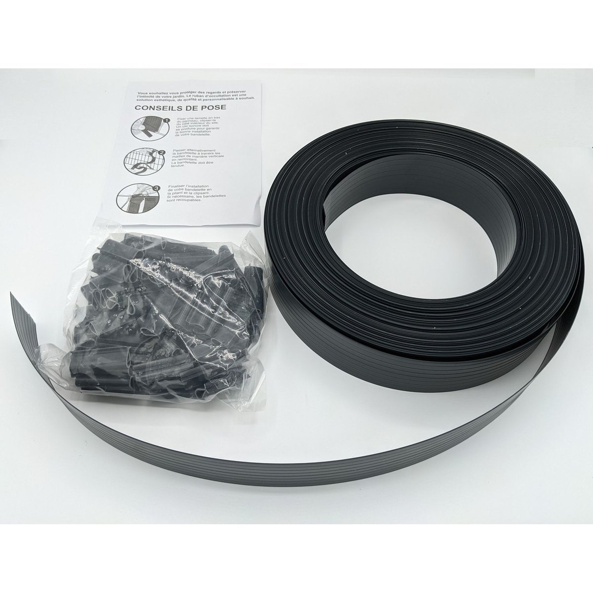 Lot de 10 kits lamelles occultantes PVC avec clip de fixation pour grillage rigides gris foncé, TOILINUX