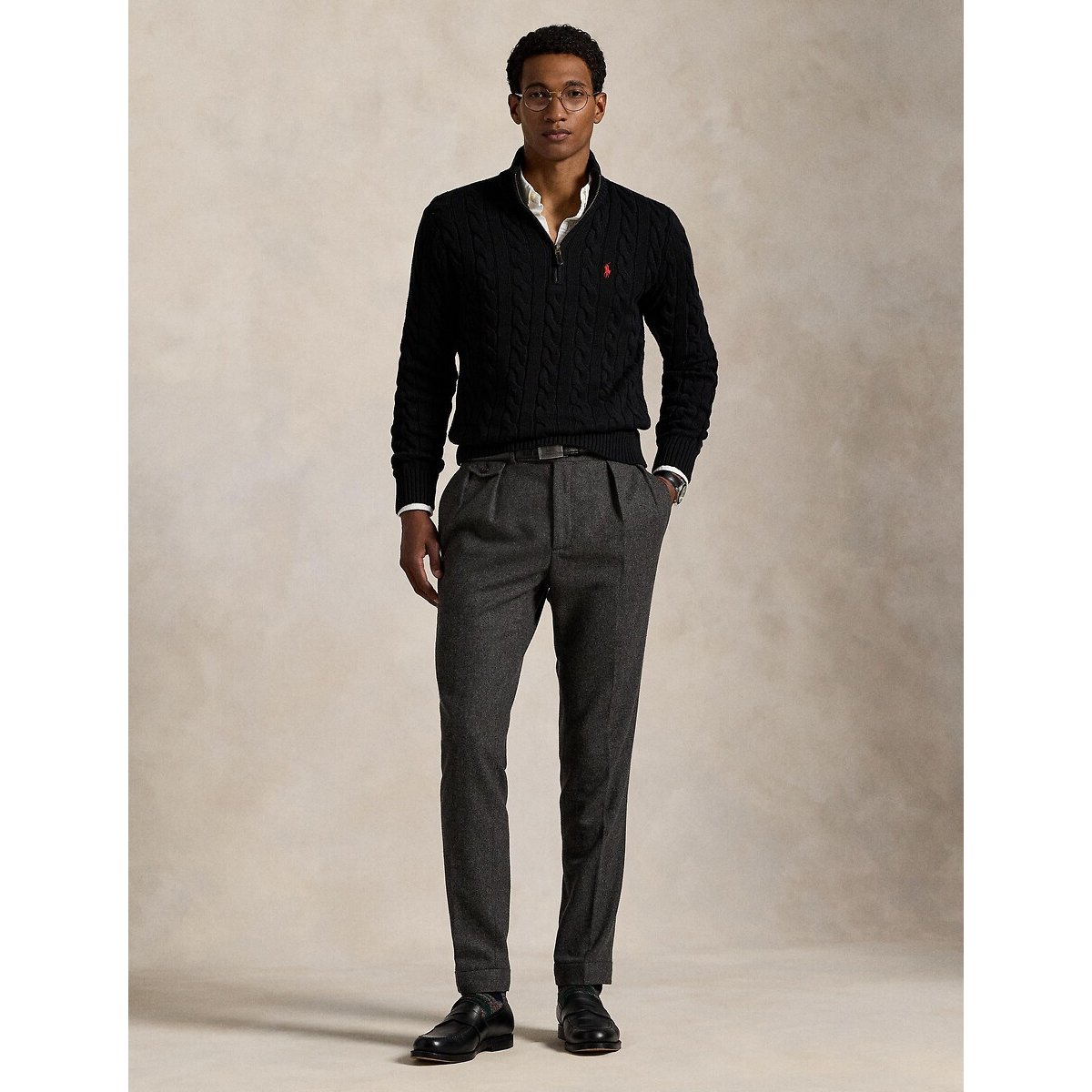 Half Zip Zopfmusterpullover aus Baumwolle schwarz, POLO RALPH LAUREN