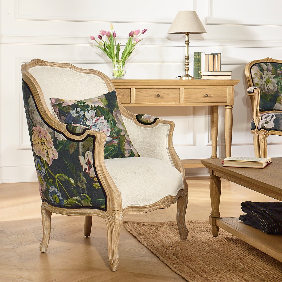 Fauteuil bergère lin et tissu imprimé VICTOR lin, ROBIN DES BOIS