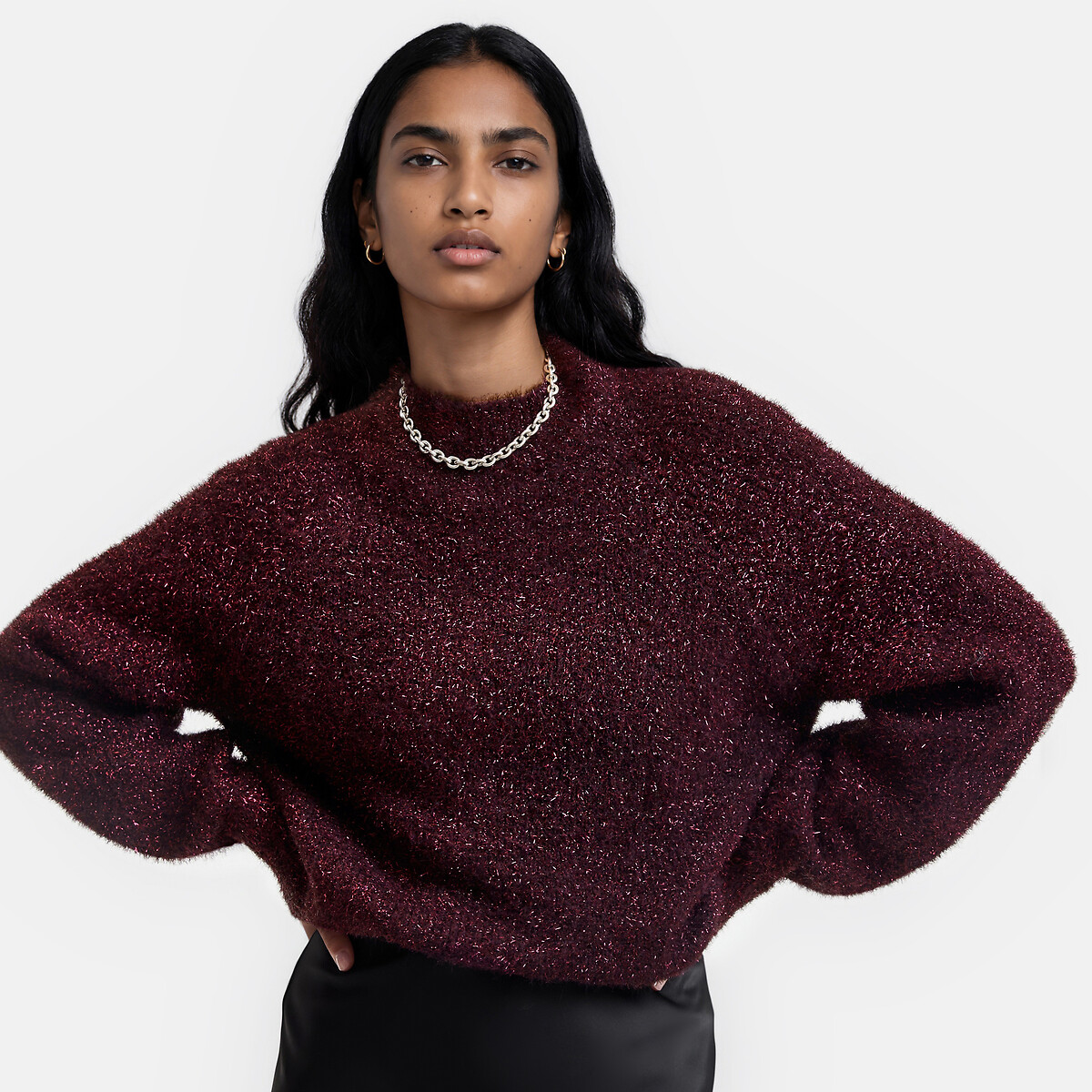 Pull col rond, avec fils brillants violet, LA REDOUTE COLLECTIONS
