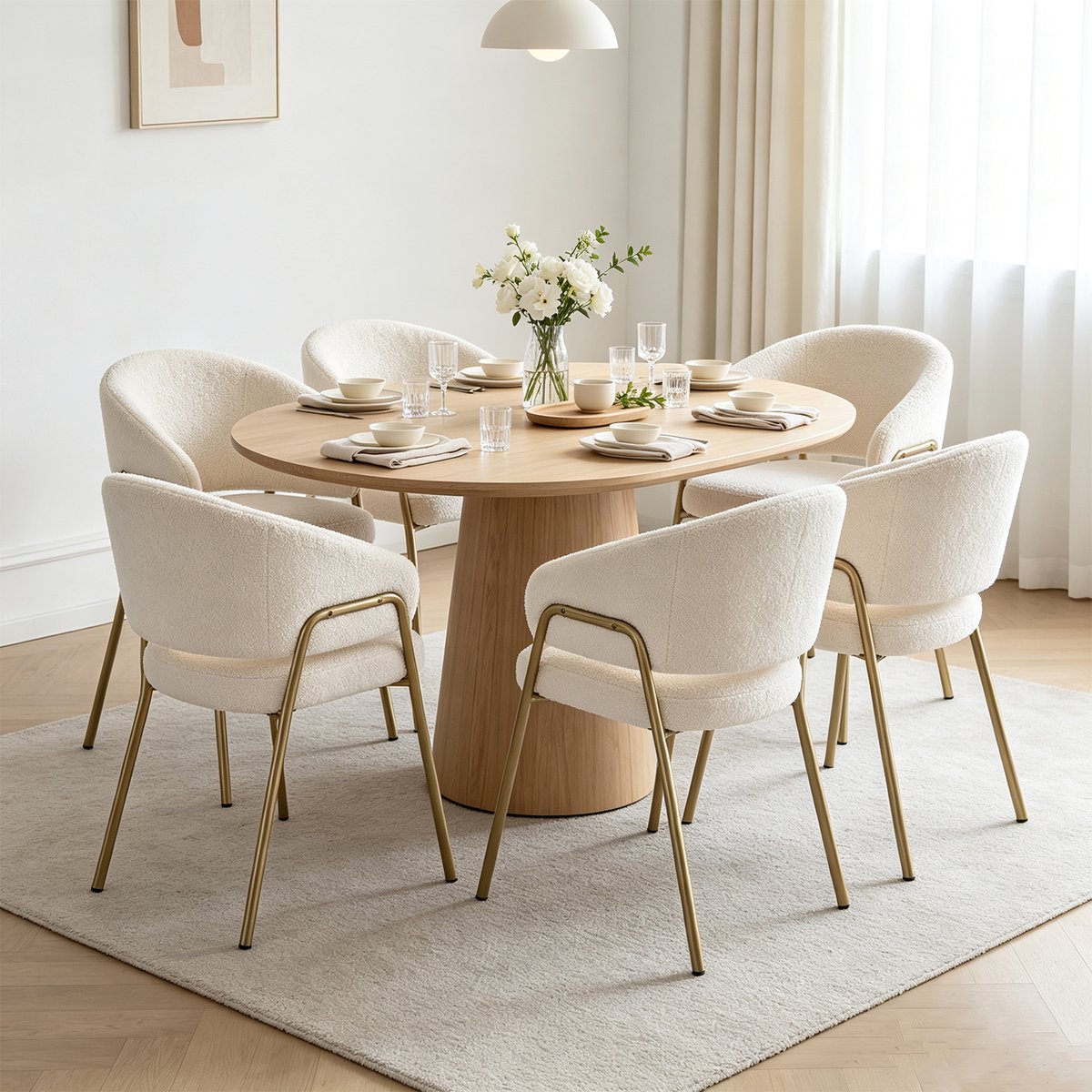 Lot de 6 fauteuils de salle à manger modernes en tissu bouclette, JERRIES blanc, MEUBLES COSY