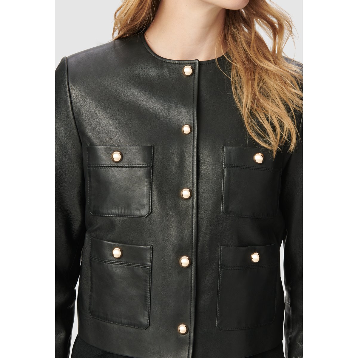 Veste courte en cuir poches plaquées noir, IKKS