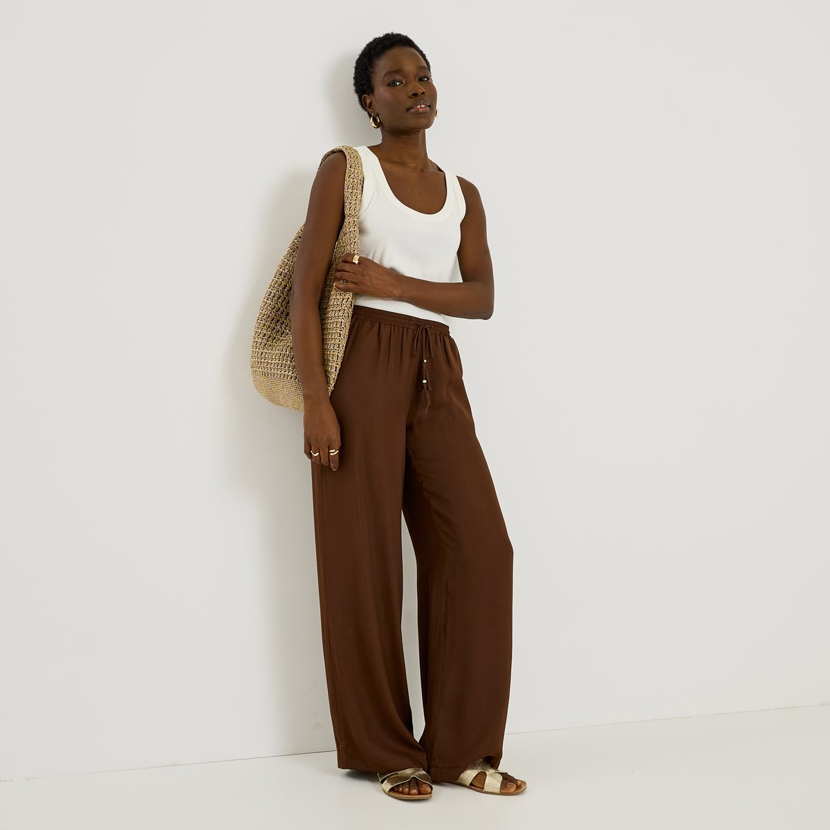 Pantalon fluide taille élastiquée marron, GRAIN DE MALICE