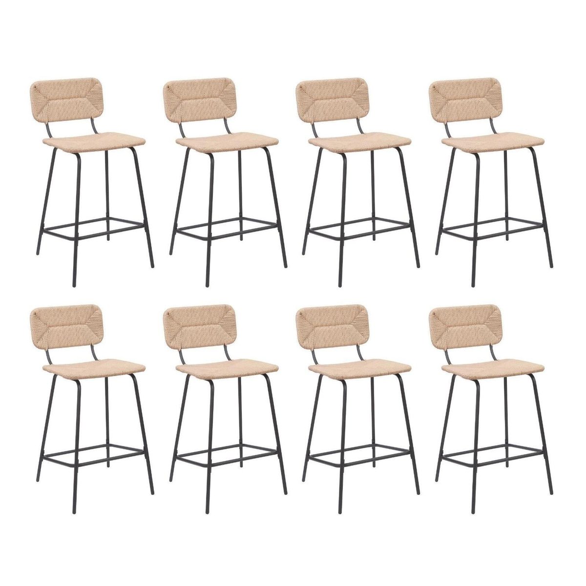 Lot de tabourets d'ilot et bar en métal et assise rotin 65cm NEMA|Lot de 8 | Lot de 8 naturel, MOB IN