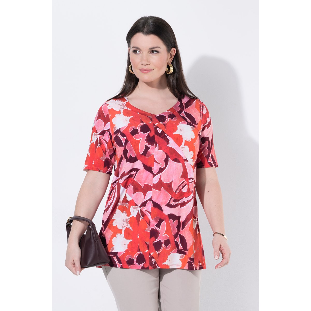 T-shirt slinky, effet patchwork, coupe A rouge vin, ULLA POPKEN