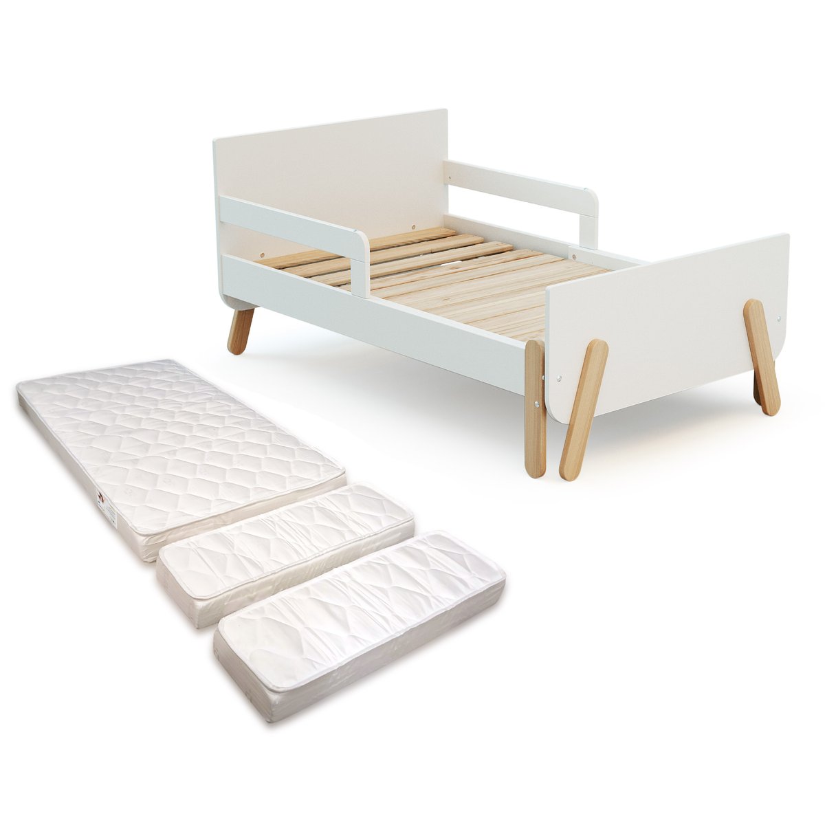 Lit enfant extensible en bois 80x140-165-190 PIRATE avec matelas blanc, JURABABY