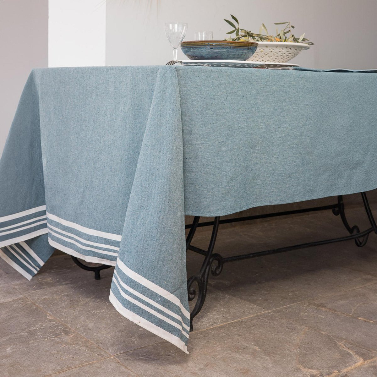 Nappe + 4 serviettes coton MAHDIA bleu pétrole, FEBRONIE
