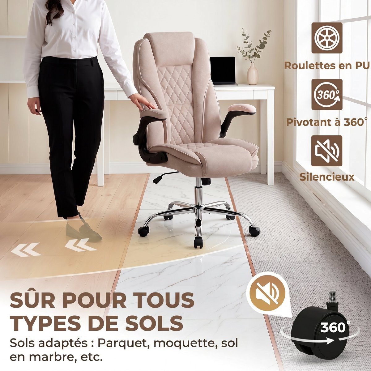 Chaise de bureau Velours (100 % polyester) rose, HOMCOM