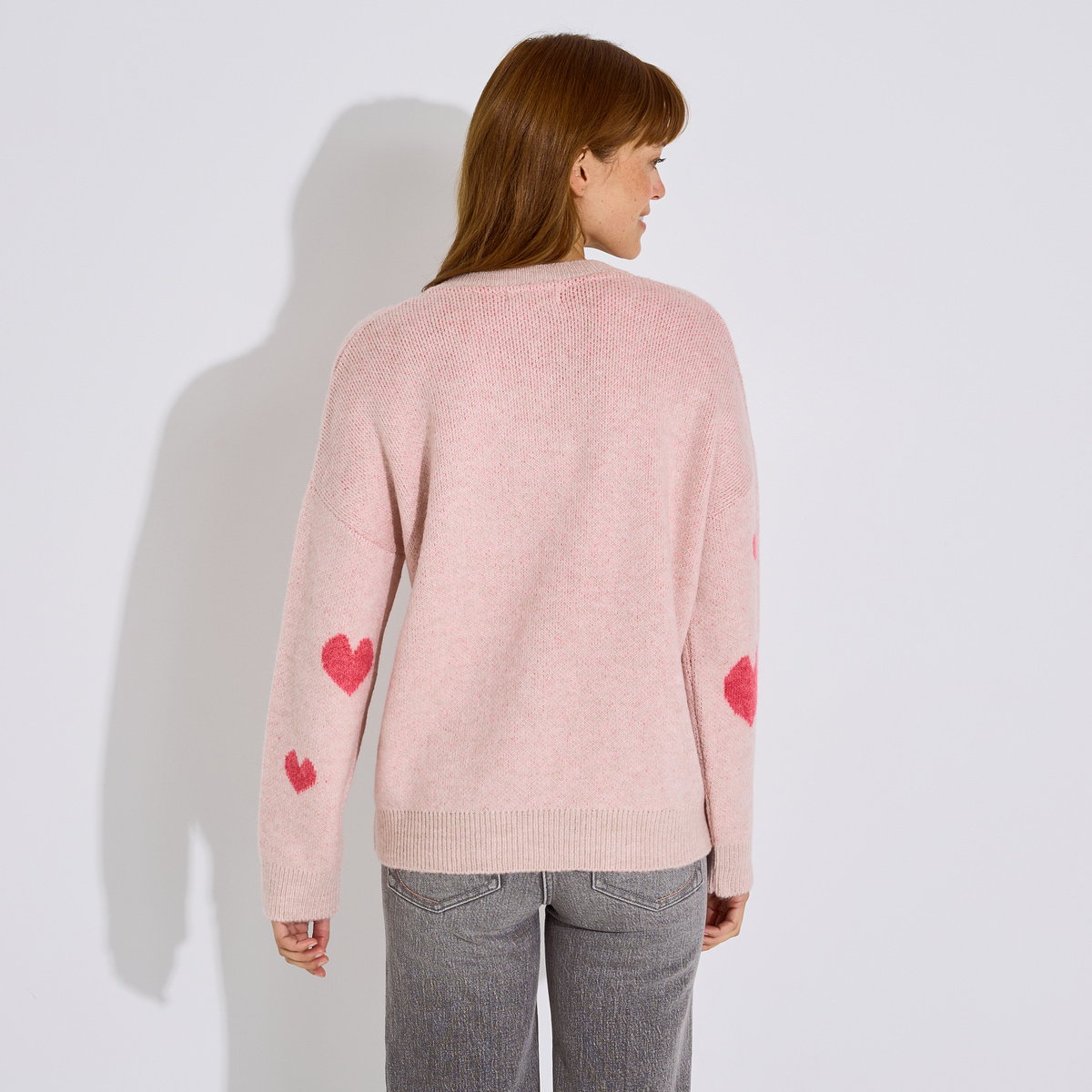 Pull col V à motif coeurs rose, GRAIN DE MALICE