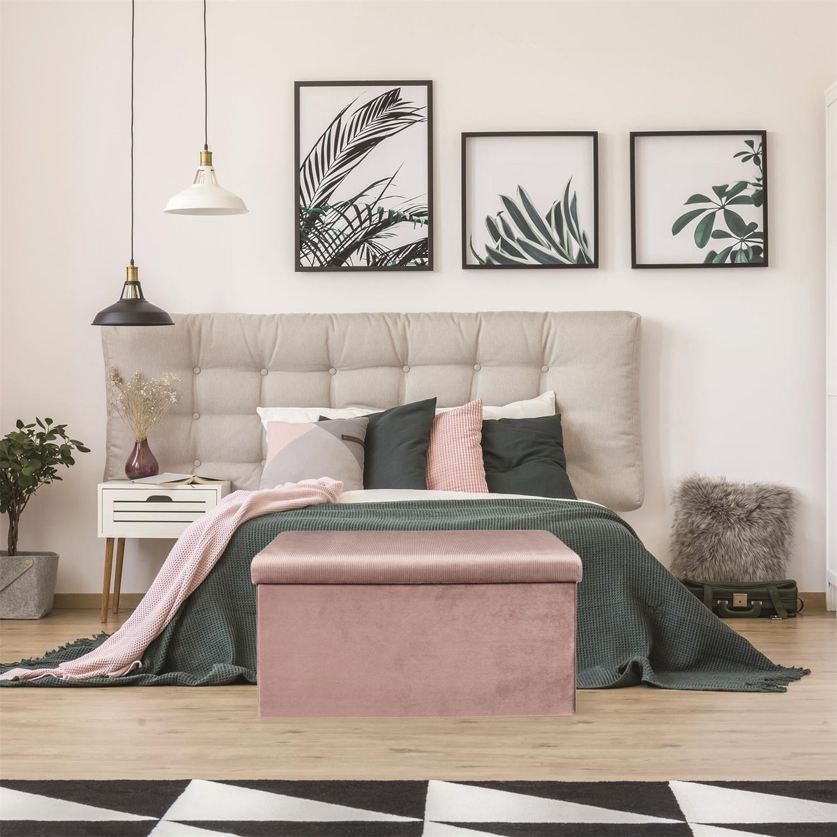 Banc coffre de rangement pliable en velours côtelé GIULIA rose, EDEN