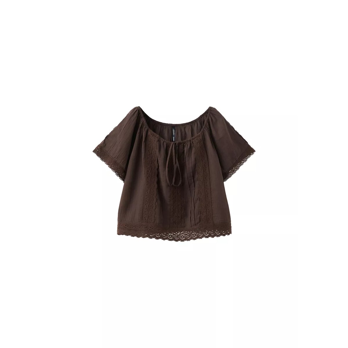 Blouse en coton et dentelle marron, MANGO