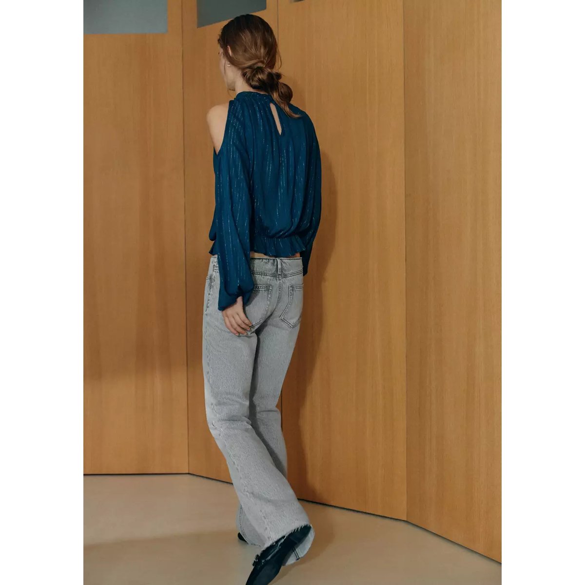 Blouse à col halter rayée en fil métallisé bleu pétrole, MANGO TEEN