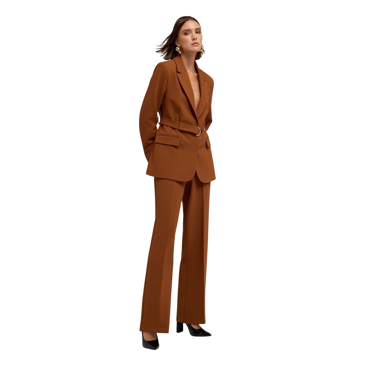 Pantalon palazzo avec passant en métal marron, MOTIVI
