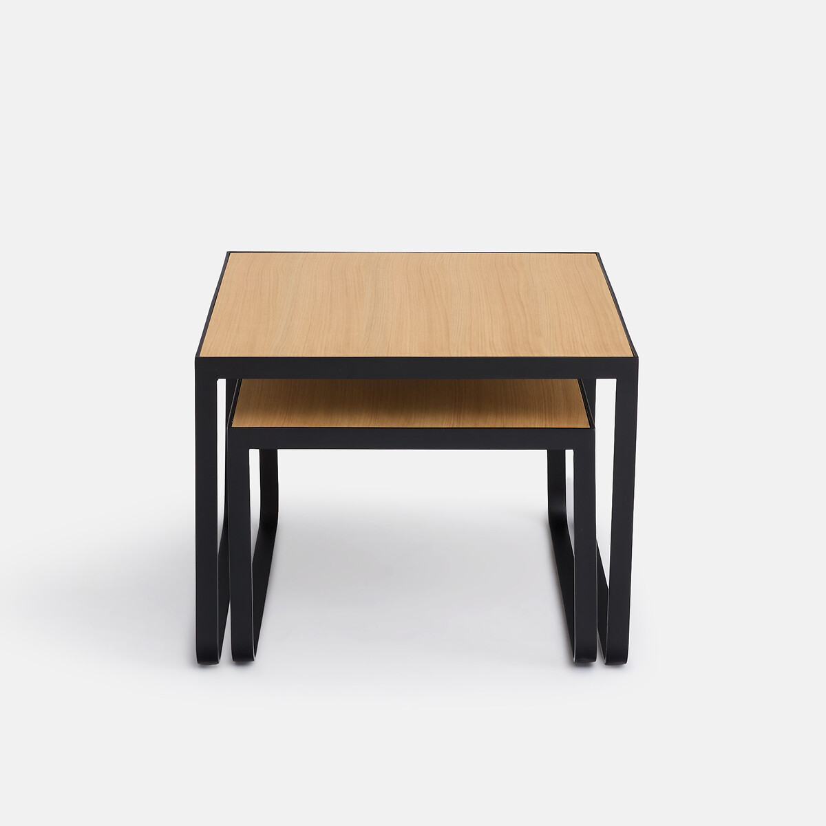 Lot de 2 tables basses gigognes, en plaqué chêne et métal acier, BATHI métal noir/chêne, LA REDOUTE INTERIEURS