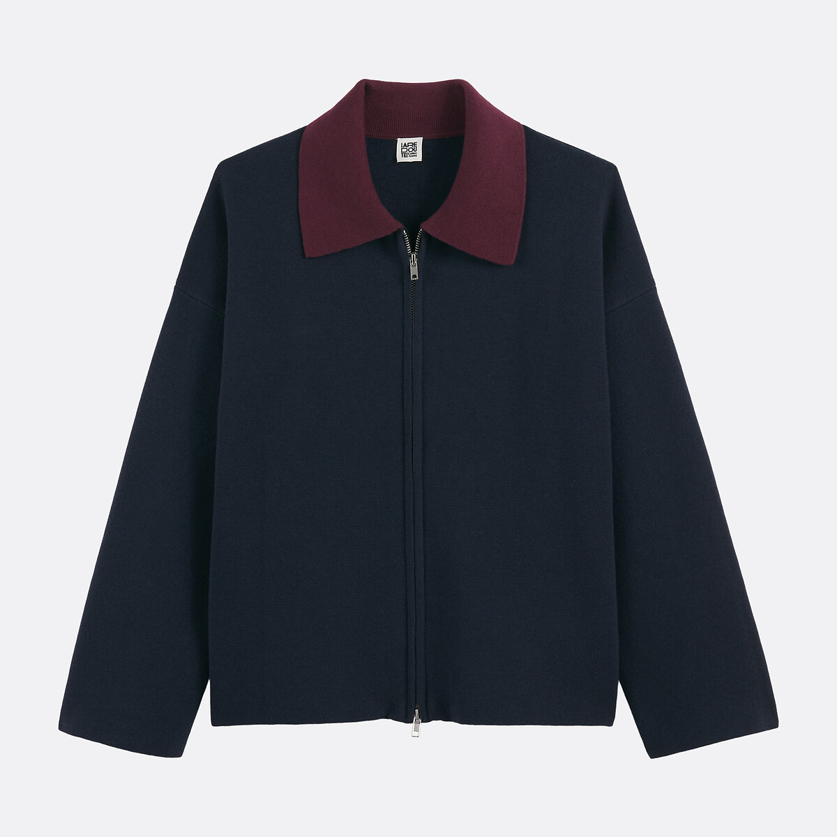 Contrasting Polo Collar Zipped Cardigan navy blue, LA REDOUTE COLLECTIONS