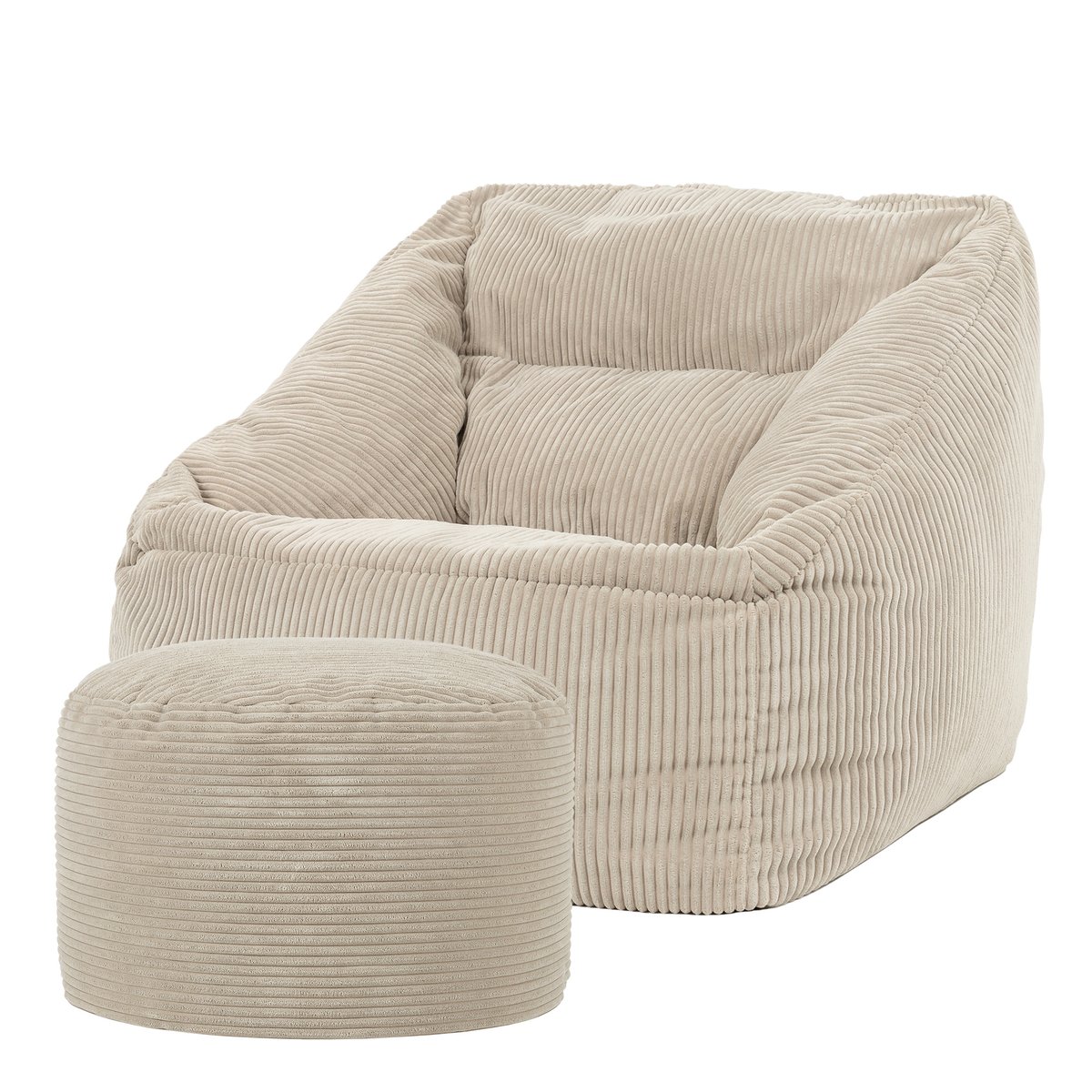 Pouf fauteuil salon et son repose-pied rond velours côtelé Oeko-Tex® - NATALIA beige galet, ICON