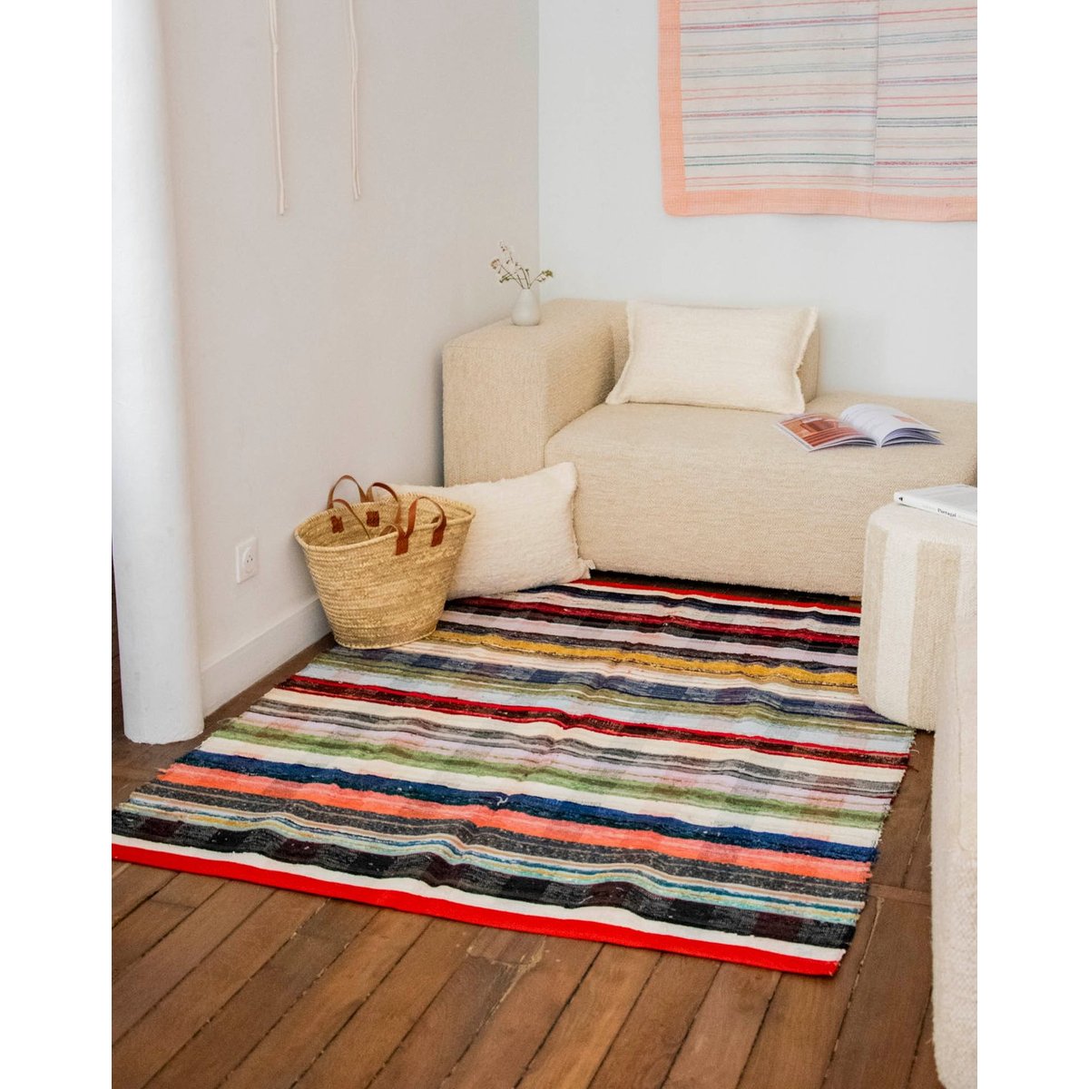 Tapis artisanal rayé Olivier N°122 - Bon état multicolore, DEBONGOUT